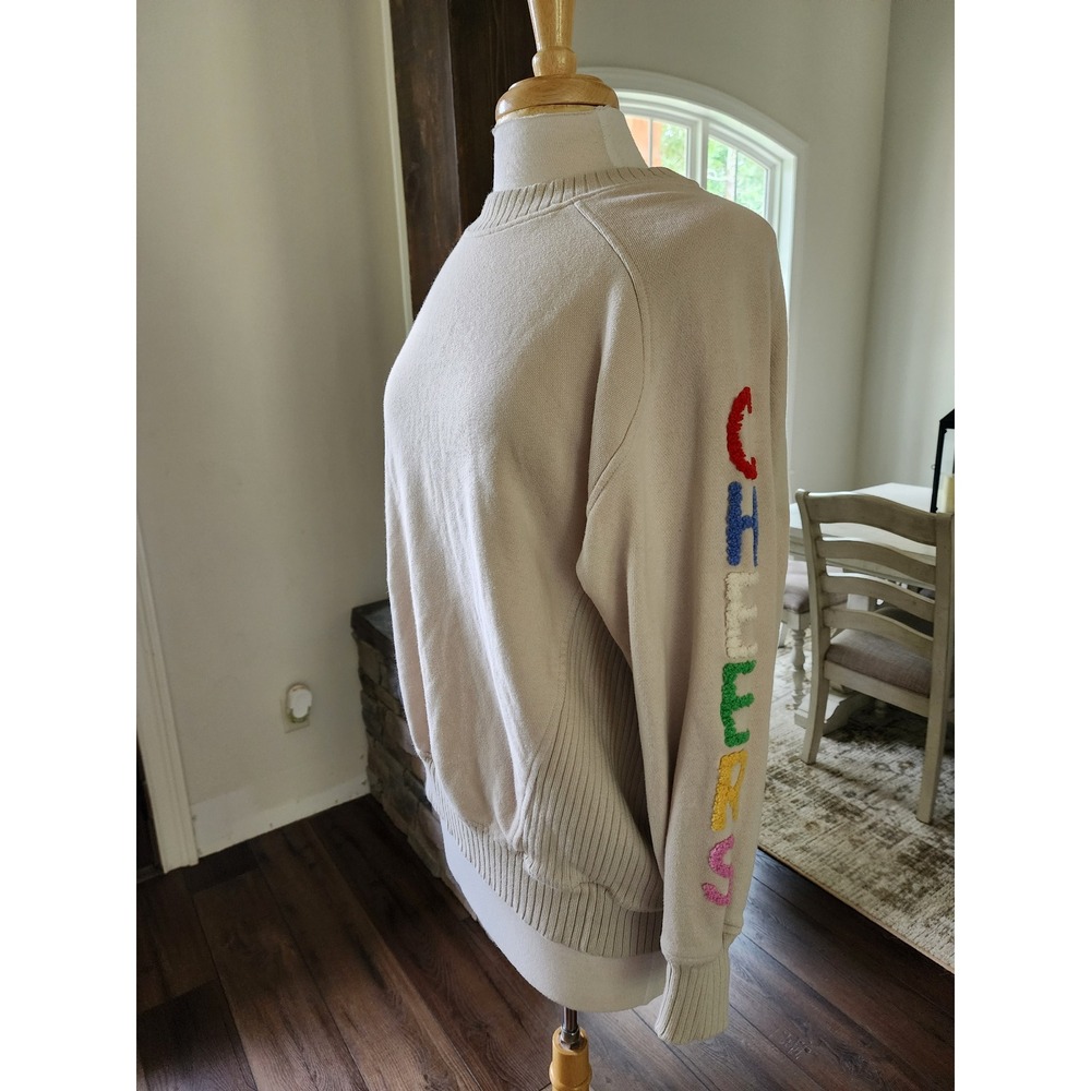 Aerie Cheers Rainbow Chenille Patch Sweatshirt Beige XS Relaxed Crewneck